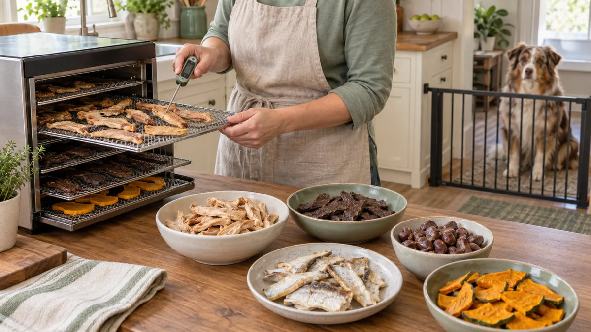 Home cook checking a dog-treat ingredient beside a food dehydrator while an Australian shepherd waits behind a gate
