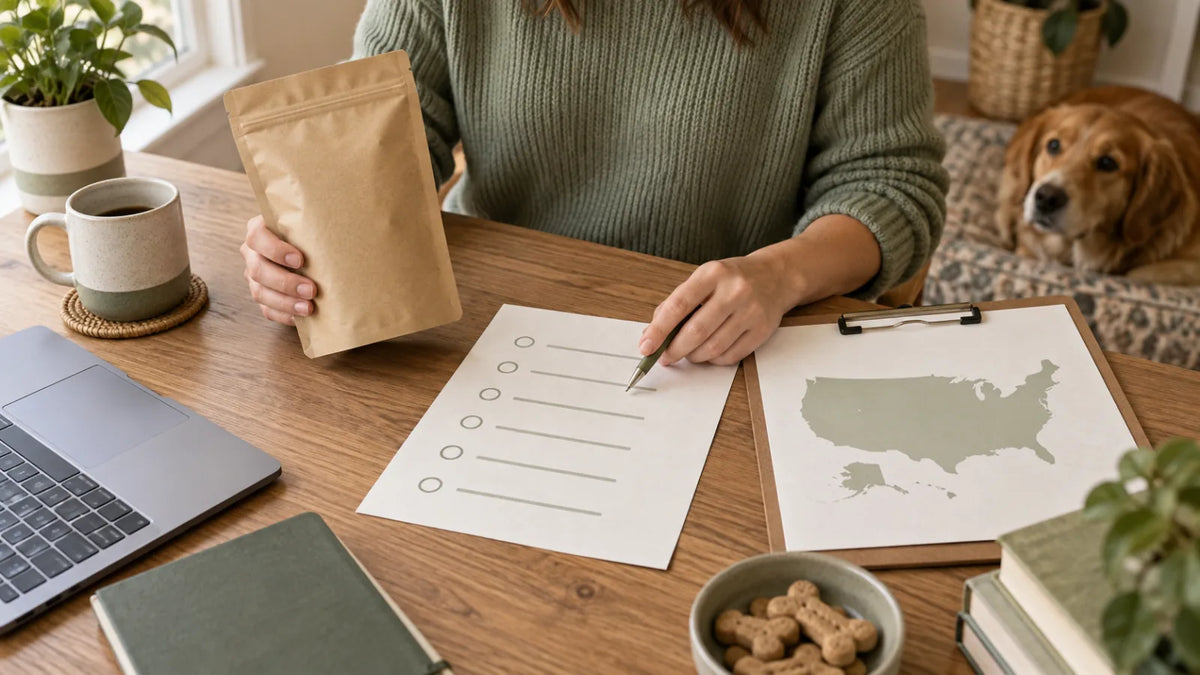 Dog-treat business owner reviewing a plain pouch and compliance checklist before selling