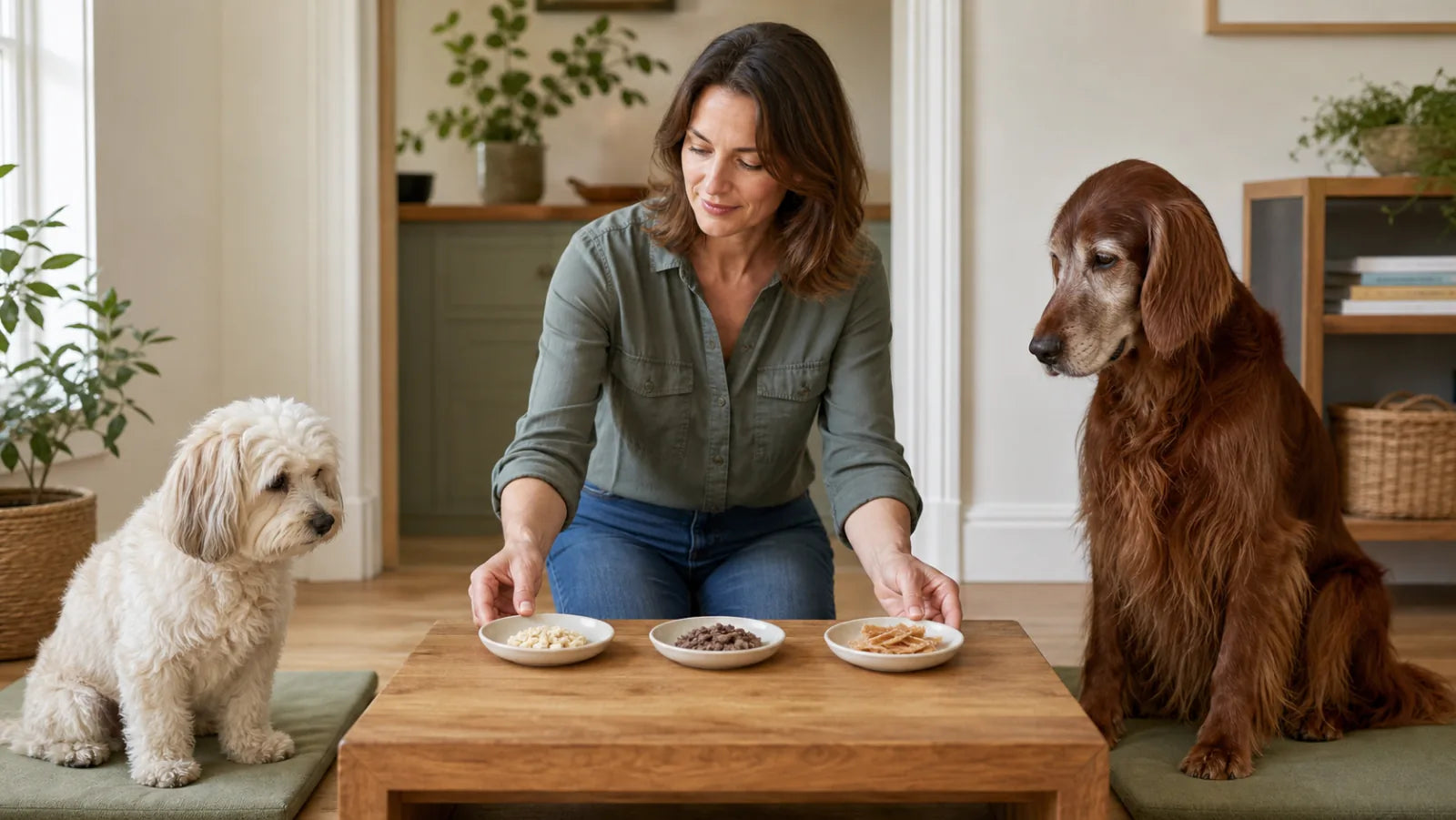 Small Havanese and senior Irish Setter beside treat formats chosen for size and age