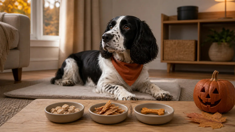English Springer Spaniel beside small dishes of chicken and pumpkin Halloween dog treats