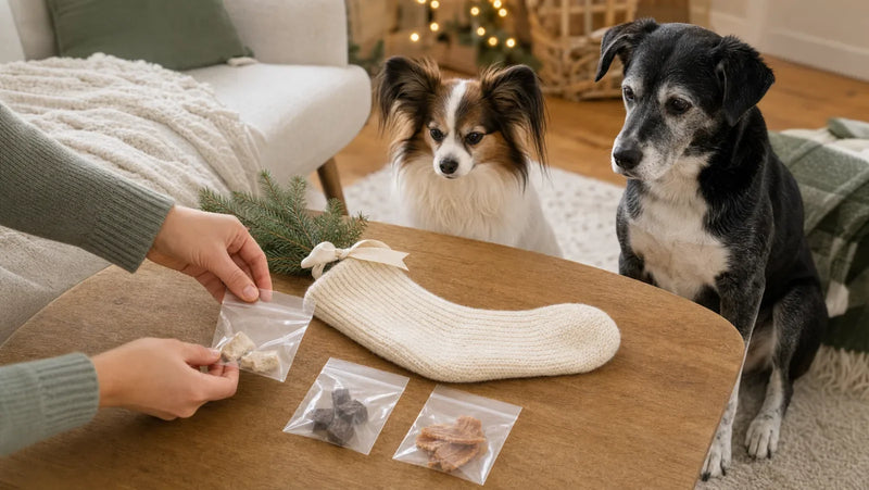 Papillon and senior mixed-breed dog watching a homemade treat stocking being assembled