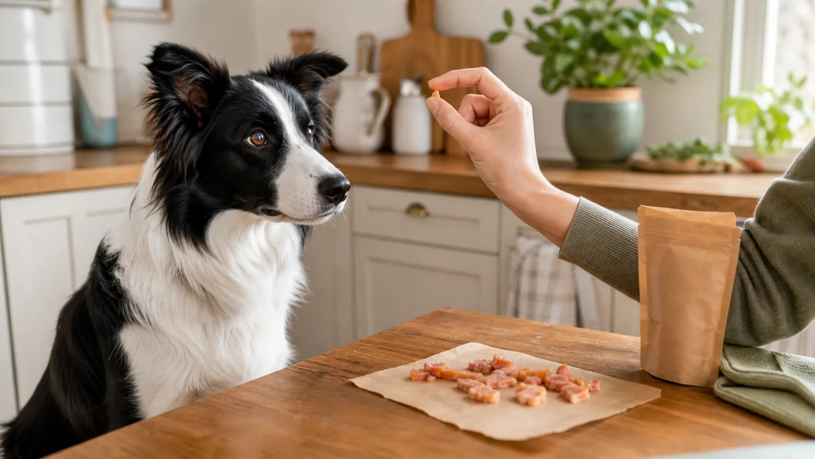 A border collie watching a tiny pea-size chicken training treat in a handler's hand