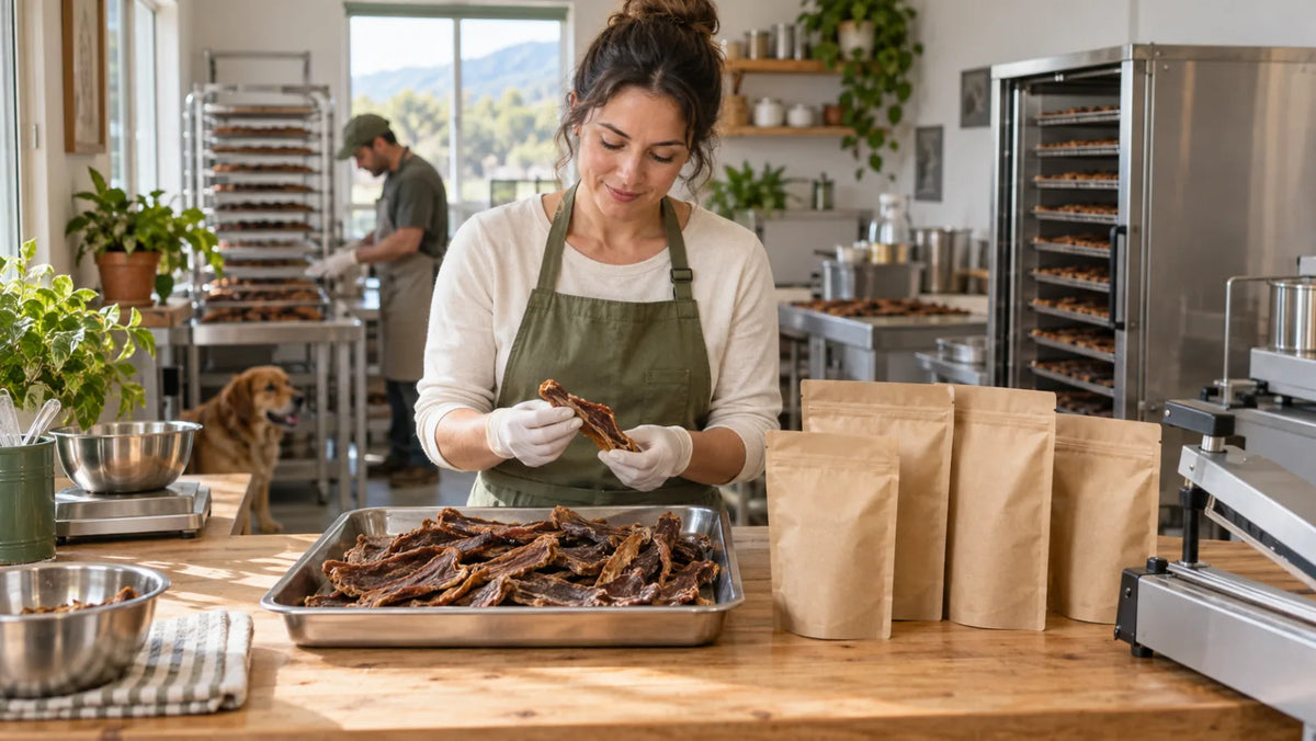 Small-batch dog treat manufacturer checking dried treats beside blank pouches and a heat sealer