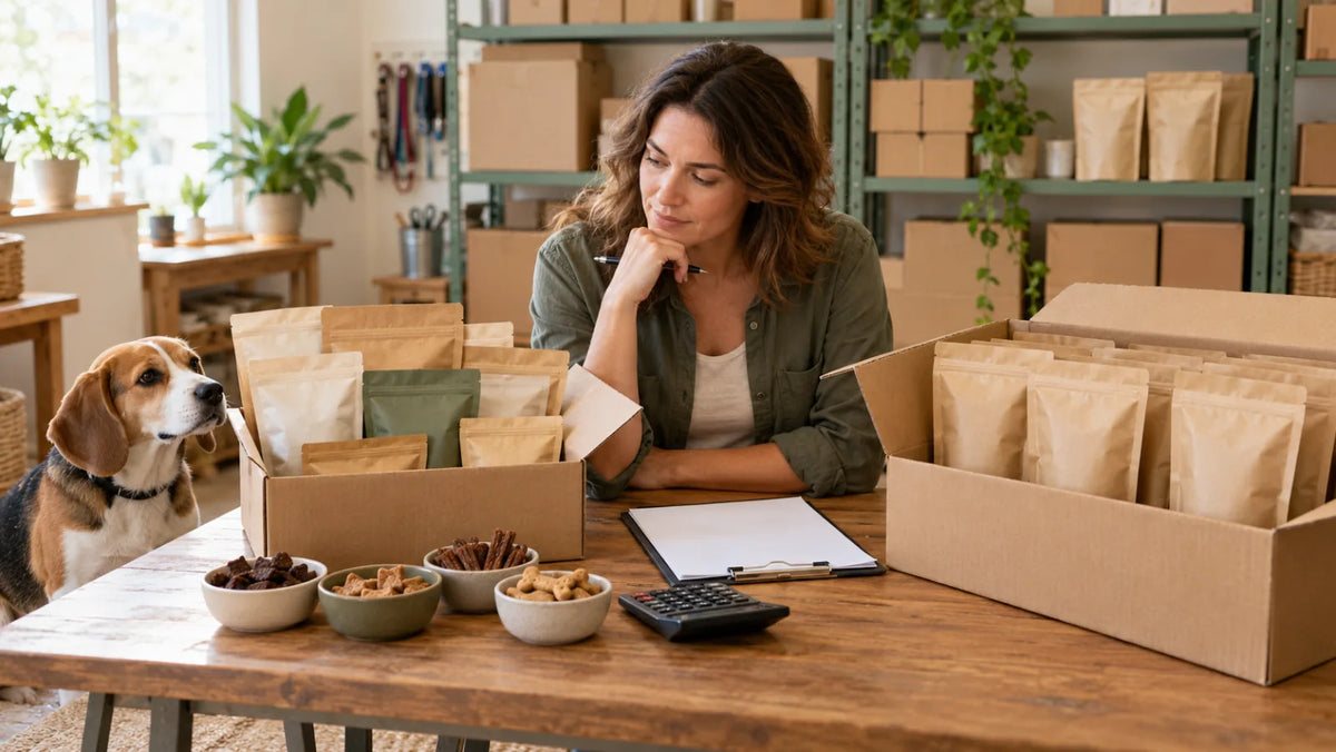 Pet-store buyer comparing distributor assortment with a direct dog-treat manufacturer case