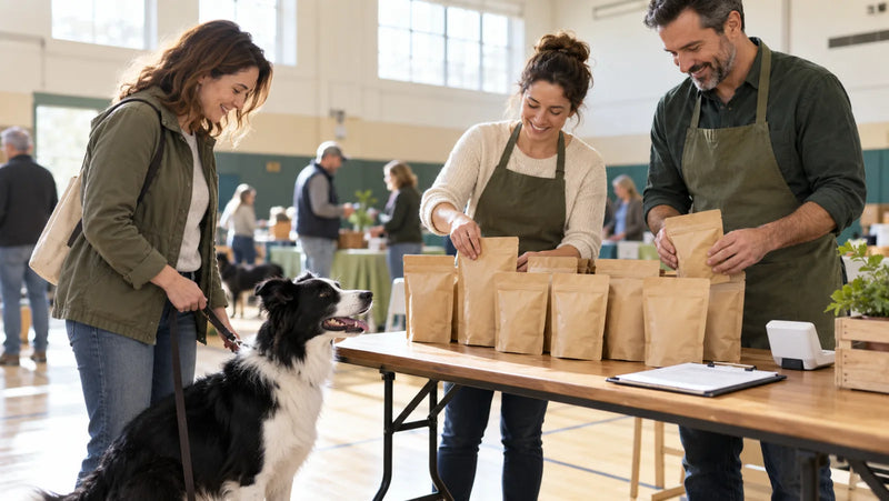 Adult volunteers arranging sealed dog treat pouches at a community fundraiser table