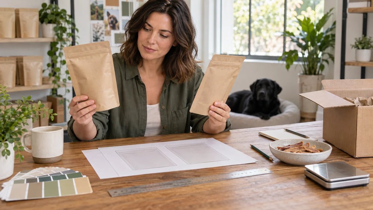 Pet brand founder reviewing a private-label dog treat pouch before printing