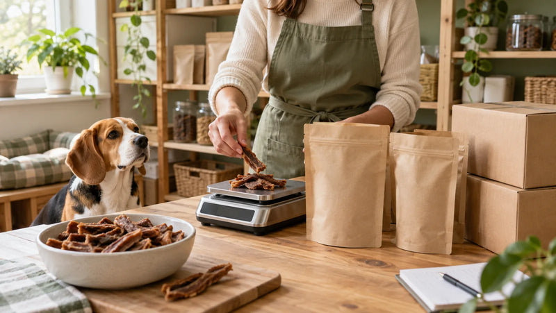 Pet boutique buyer weighing dried dog treats for a small wholesale order
