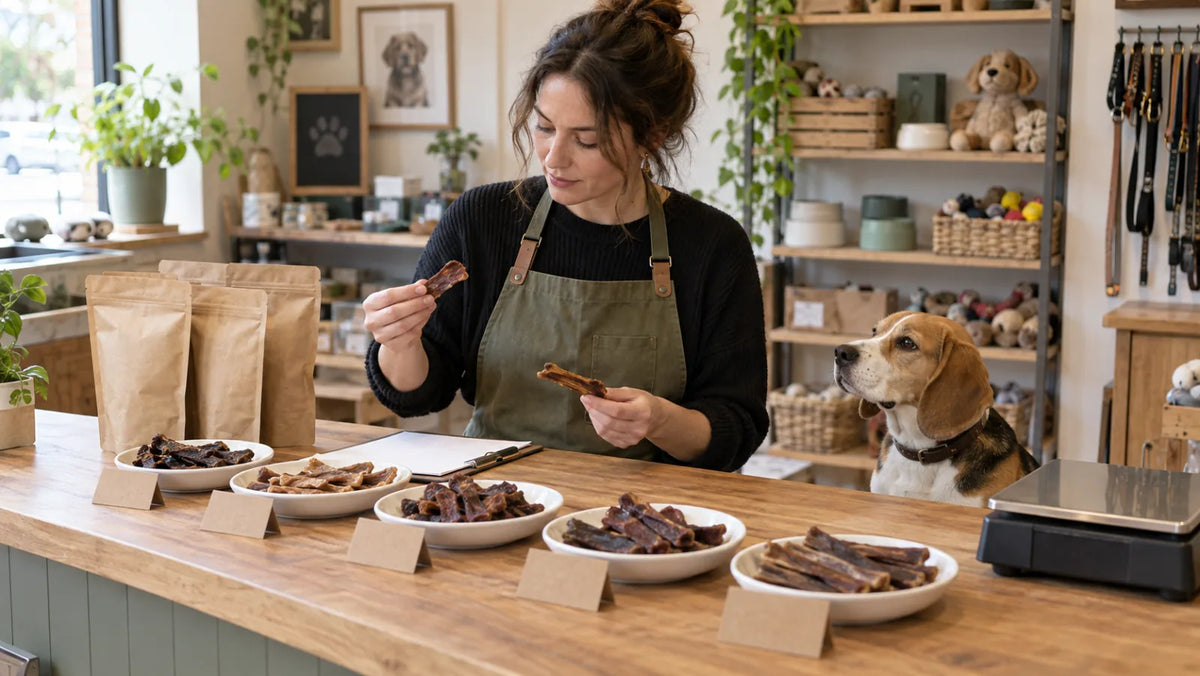 Pet boutique buyer comparing unbranded dog treat samples before a wholesale order