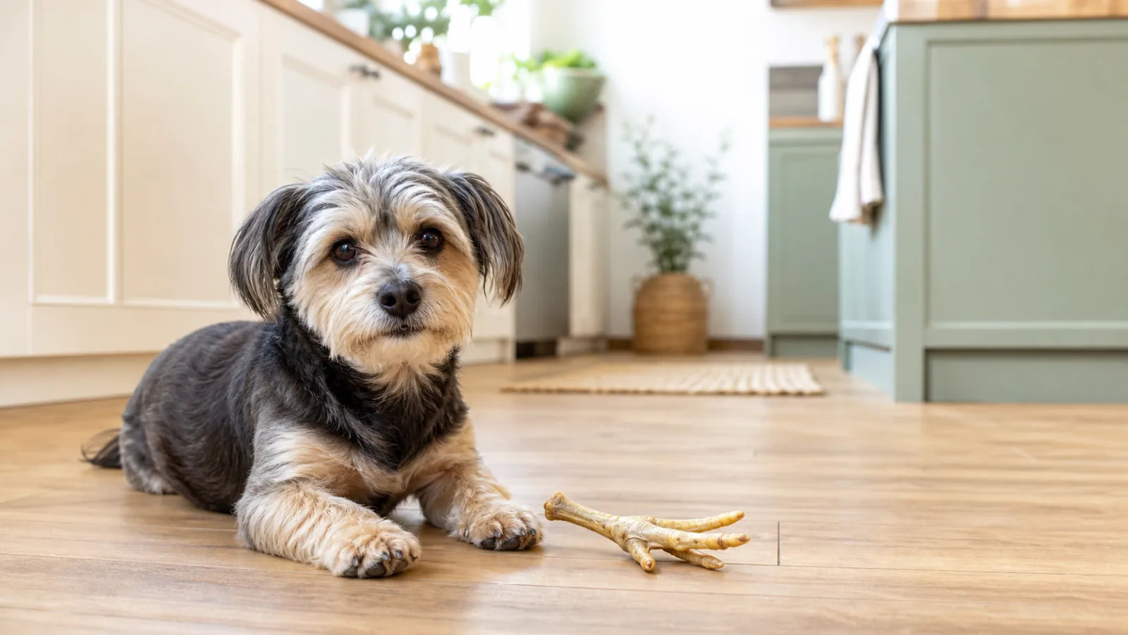 Small mixed-breed dog with a supervised dehydrated chicken foot chew