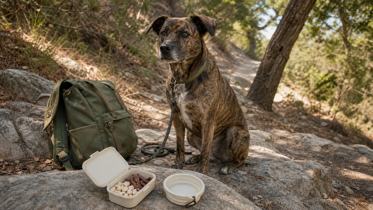 Brindle trail dog beside water and a small container of hiking treats