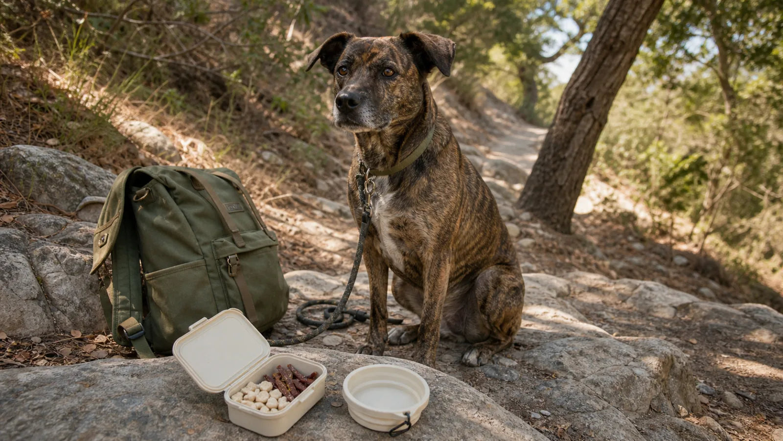 Brindle trail dog beside water and a small container of hiking treats