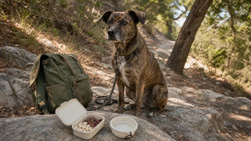 Brindle trail dog beside water and a small container of hiking treats