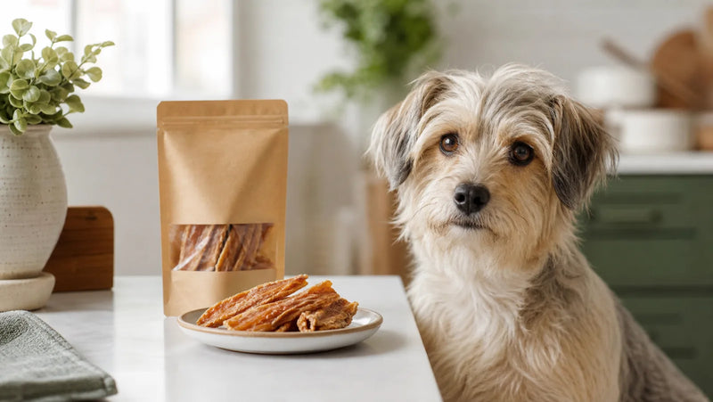 Small mixed-breed dog beside simple chicken jerky treats in a bright kitchen