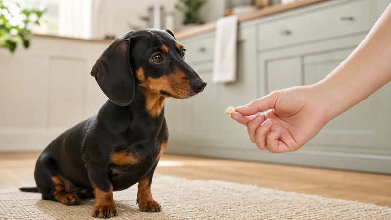 Small dachshund being offered a tiny freeze-dried chicken treat in a kitchen
