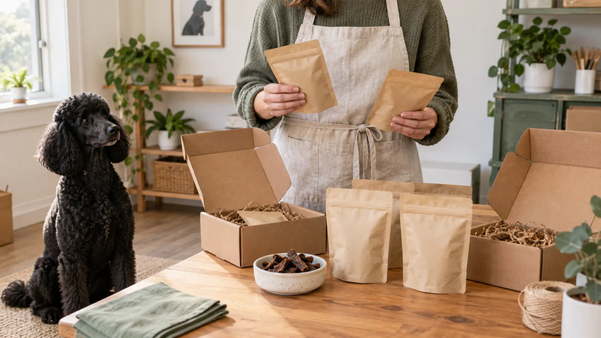 Subscription-box curator comparing sealed dog-treat pouches beside kraft mailer boxes