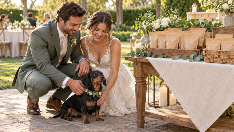 Newlywed couple with a dachshund beside a separate display of sealed dog-treat wedding favors