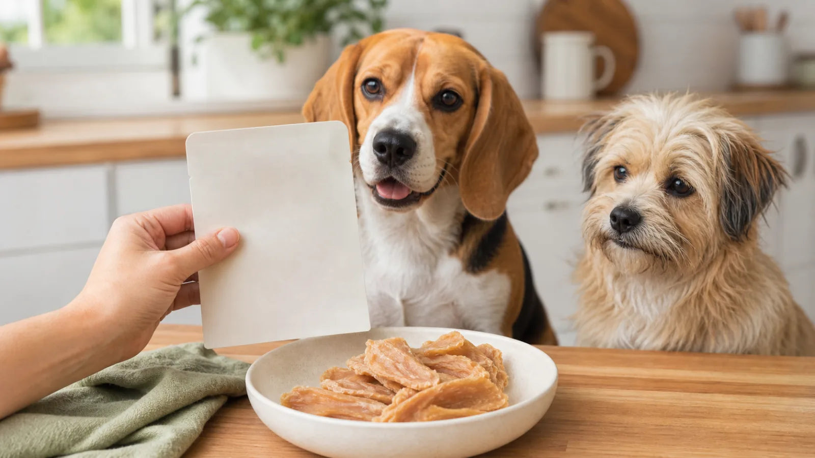 Two dogs watching a clean dog treat label beside real meat treats