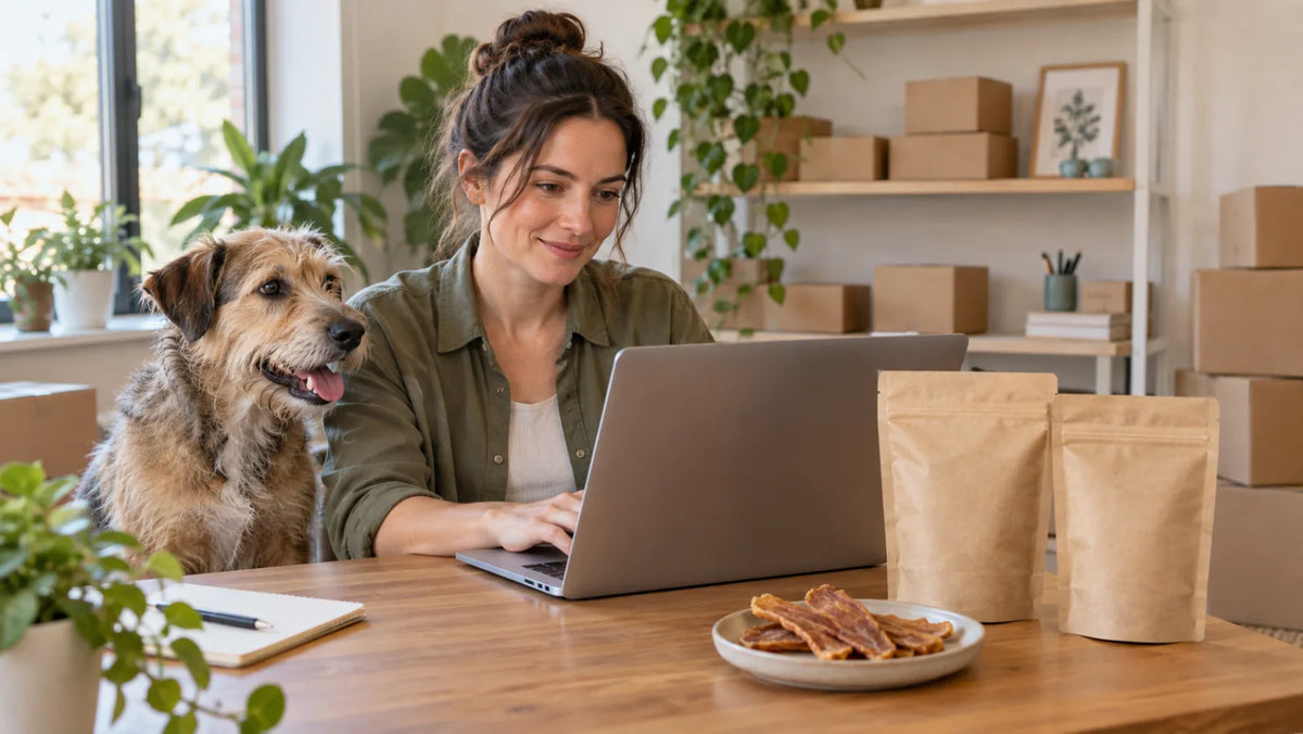 Pet retailer reviewing dropshipping orders beside dog treat pouches and shipping boxes