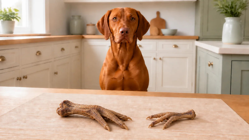 Vizsla sitting behind a larger dehydrated duck foot and a smaller chicken foot