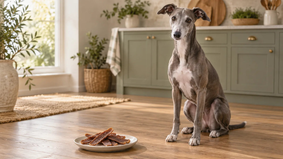 Dog waiting beside plain duck jerky strips during a treat suitability check