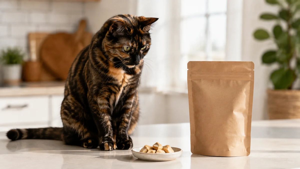 Adult tortoiseshell cat beside a small dish of freeze-dried chicken treats and a sealed plain pouch