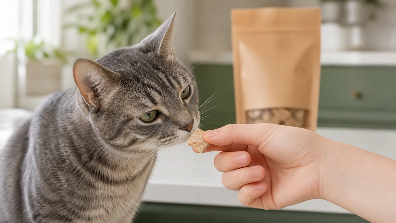 Gray tabby cat sniffing a freeze-dried chicken treat in a bright kitchen