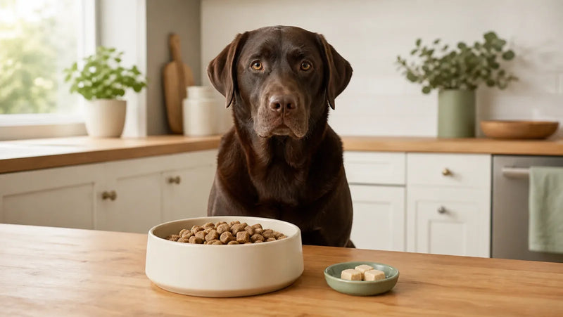 Chocolate Labrador beside a meal bowl and a much smaller dish of freeze-dried dog treats