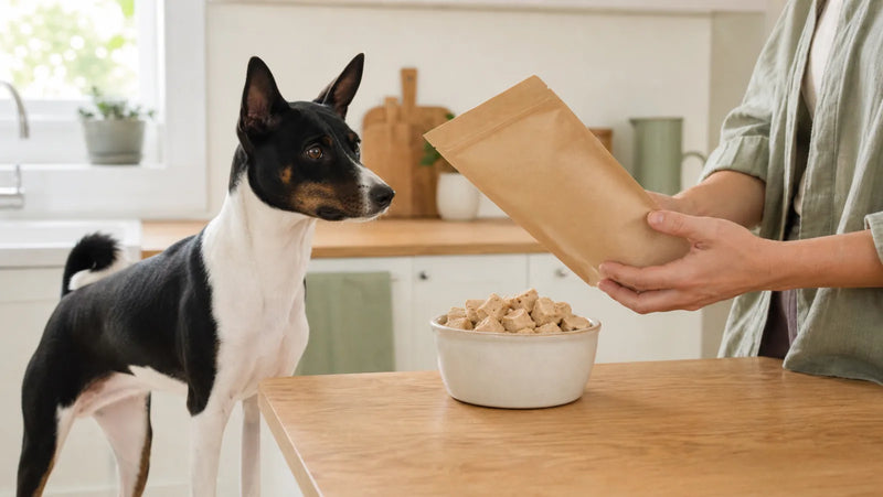 Basenji beside freeze-dried dog treats while an owner reads the package
