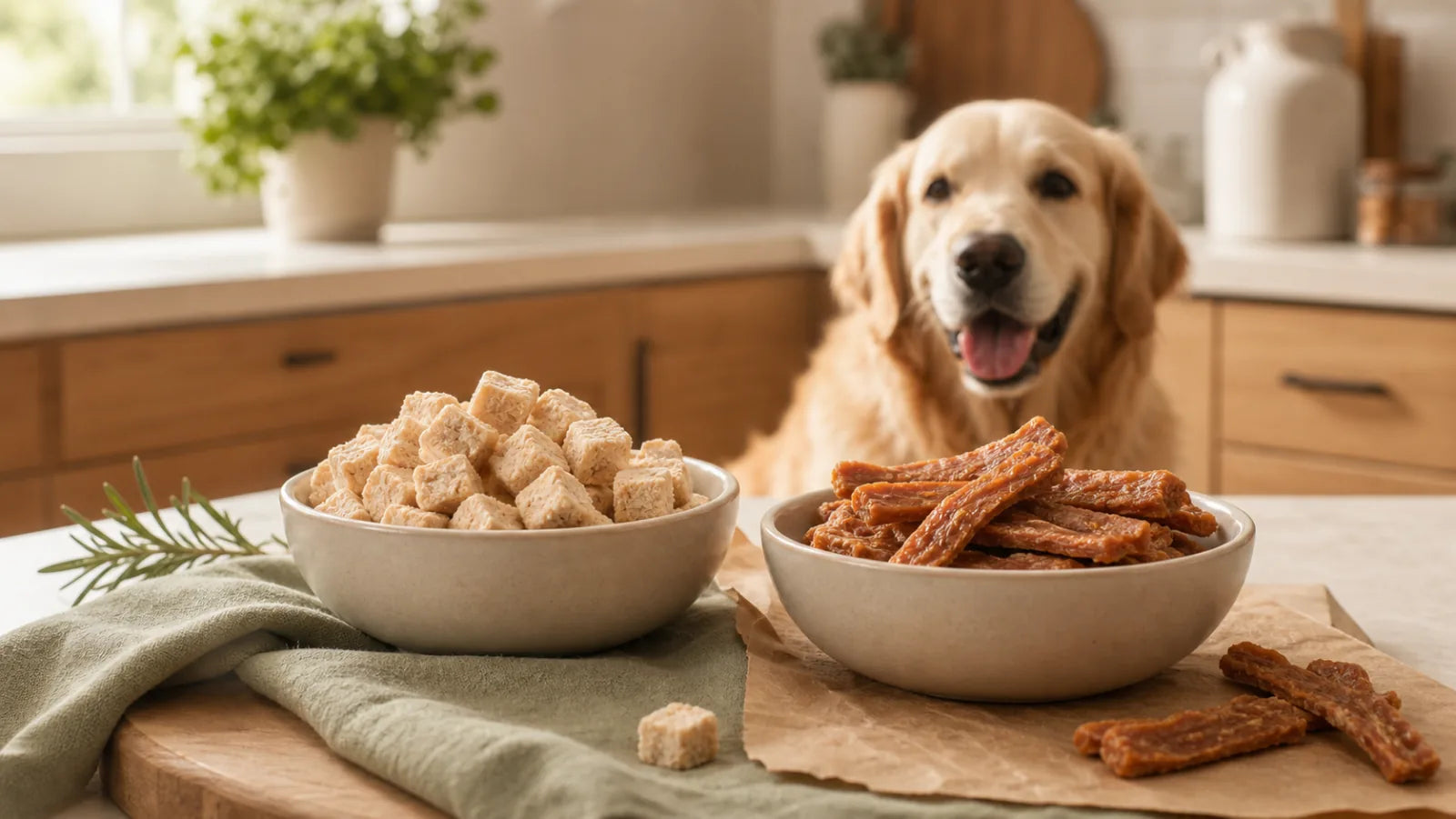 Freeze-dried chicken bites and dehydrated chicken jerky dog treats on a warm kitchen counter