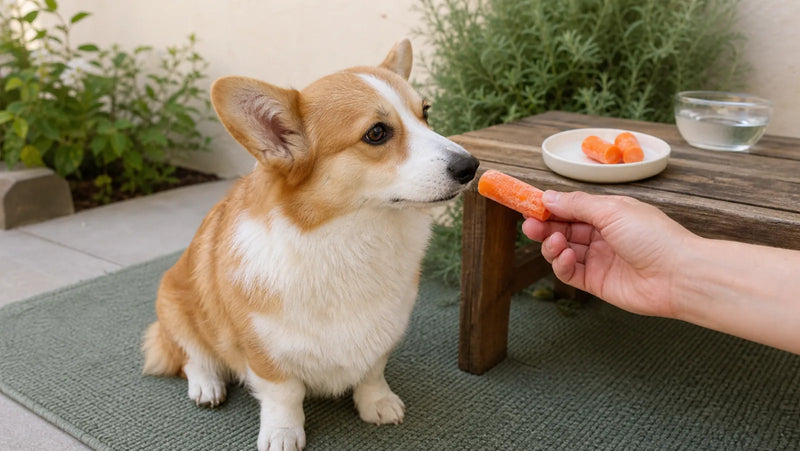 Corgi sniffing a supervised lightly frozen carrot piece on a shaded patio