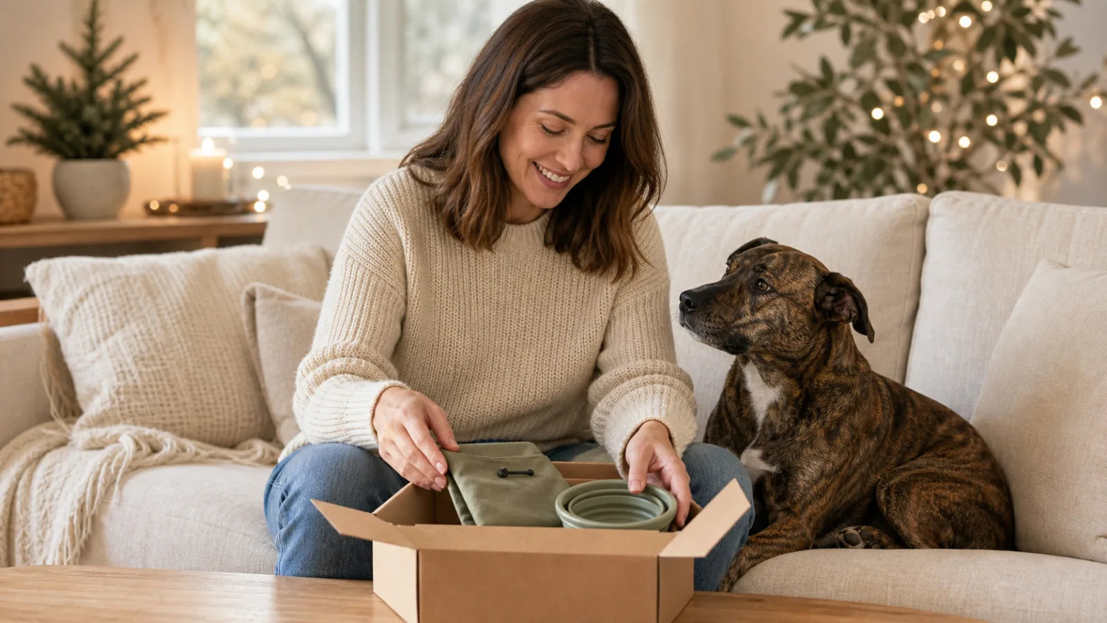 Dog lover opening a practical gift beside a calm brindle mixed-breed dog