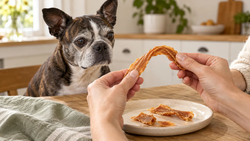 Senior Boston terrier watching a soft chicken jerky strip bend over a kitchen table