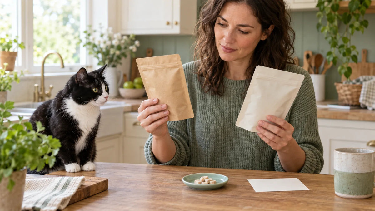 Adult tuxedo cat beside an owner comparing grain-free treat ingredients and freeze-dried chicken pieces