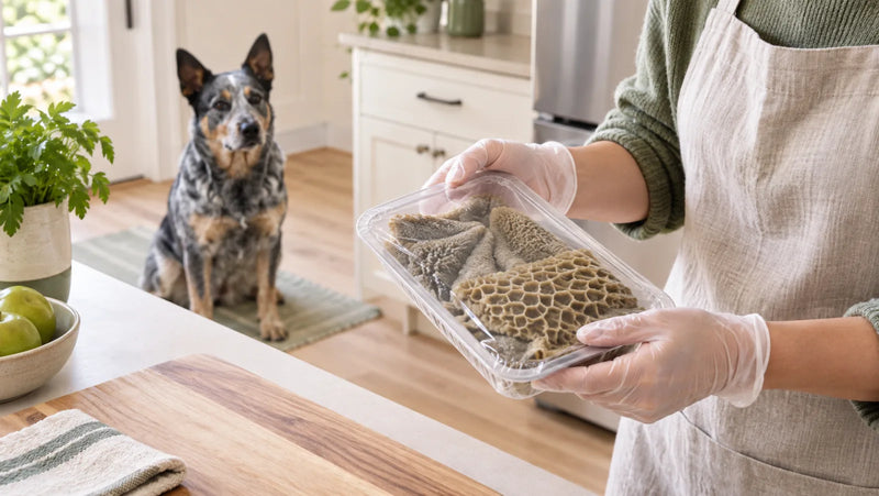 Australian cattle dog kept away while an adult inspects a sealed tray of unbleached green tripe