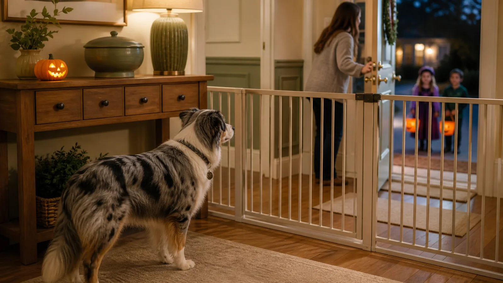Australian Shepherd behind a baby gate while Halloween visitors arrive at the front door
