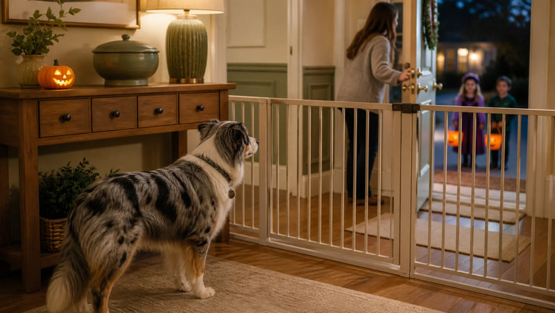 Australian Shepherd behind a baby gate while Halloween visitors arrive at the front door