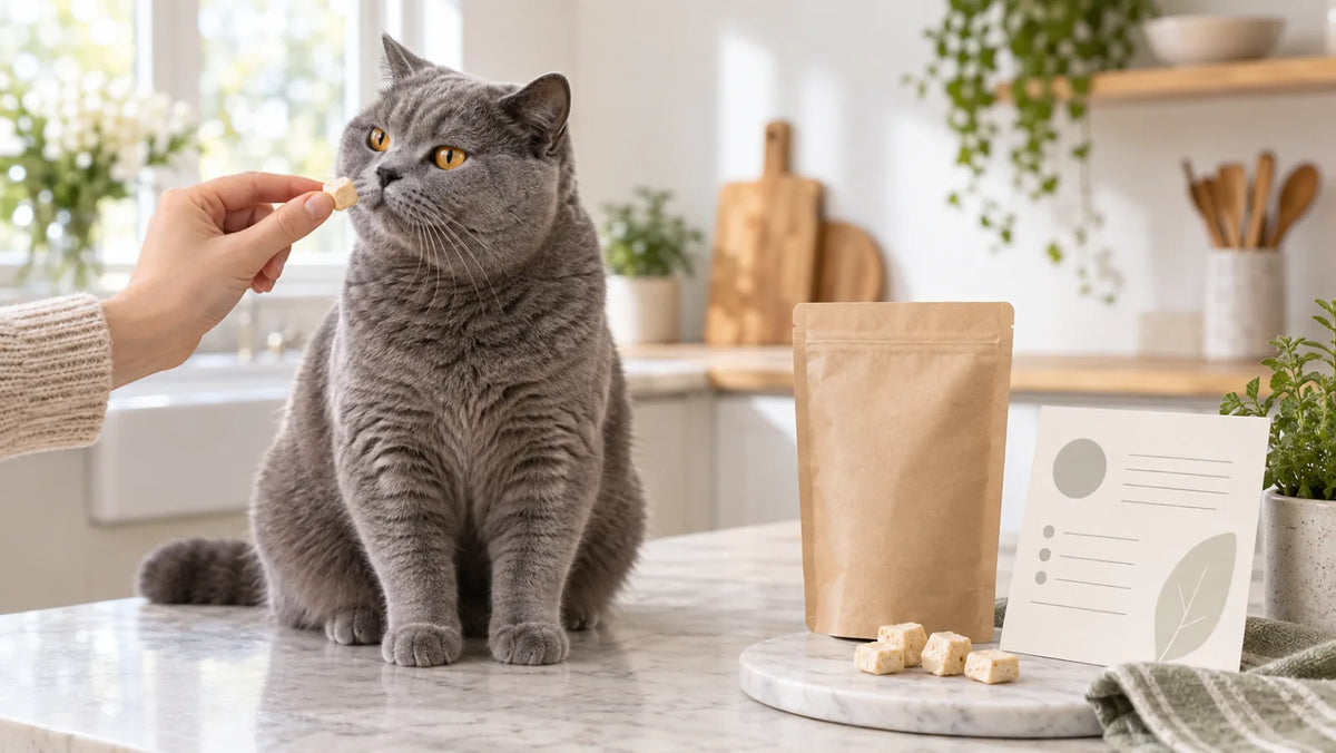 Adult British Shorthair receiving one small freeze-dried chicken treat beside a label-reading setup