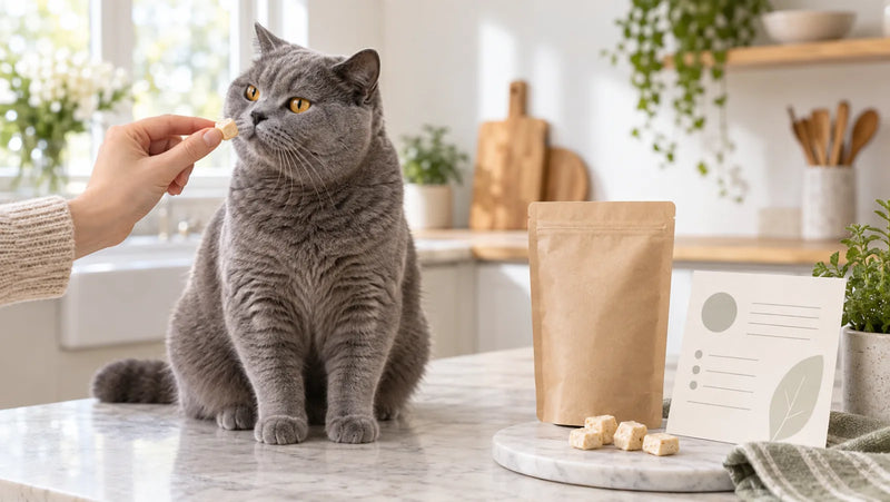 Adult British Shorthair receiving one small freeze-dried chicken treat beside a label-reading setup
