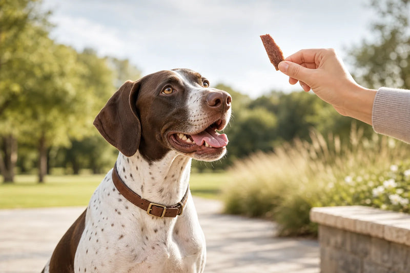 A fit pointer-type dog looking at a simple meat treat outdoors