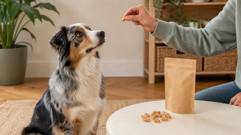 An Australian shepherd mix focusing on a tiny chicken training treat in a handler's hand