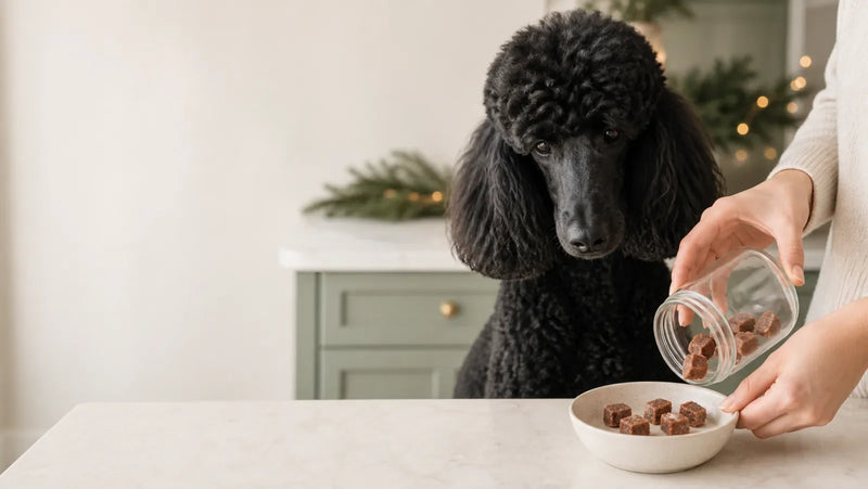 Black Standard Poodle watching a small portion of dog treats poured into a bowl in a holiday kitchen