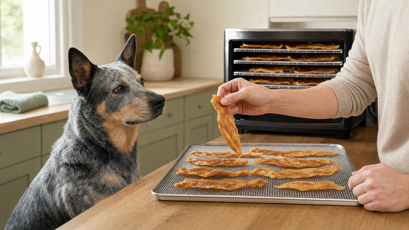 Blue heeler waiting beside a tray and dehydrator of homemade chicken jerky