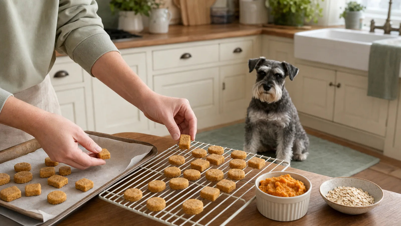 Miniature schnauzer watching homemade pumpkin dog treats cool in a kitchen