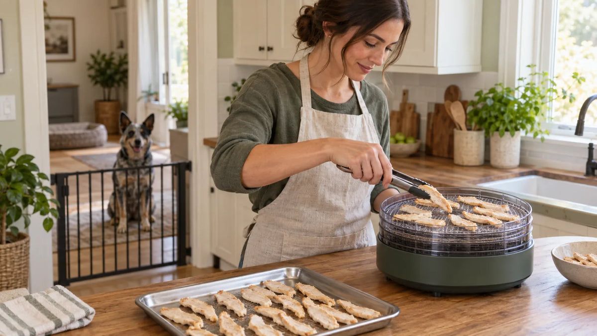 Home cook loading preheated chicken strips into a dehydrator while a dog waits behind a safety gate