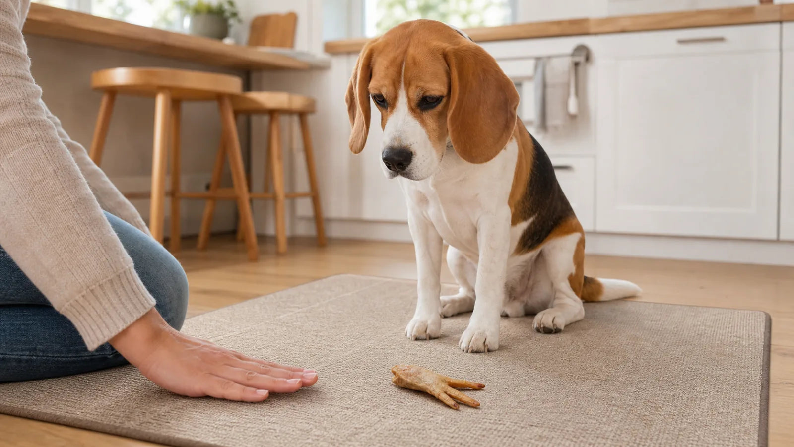 Beagle waiting beside one dehydrated chicken foot on a kitchen mat