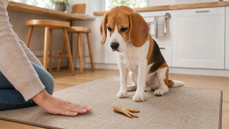 Beagle waiting beside one dehydrated chicken foot on a kitchen mat