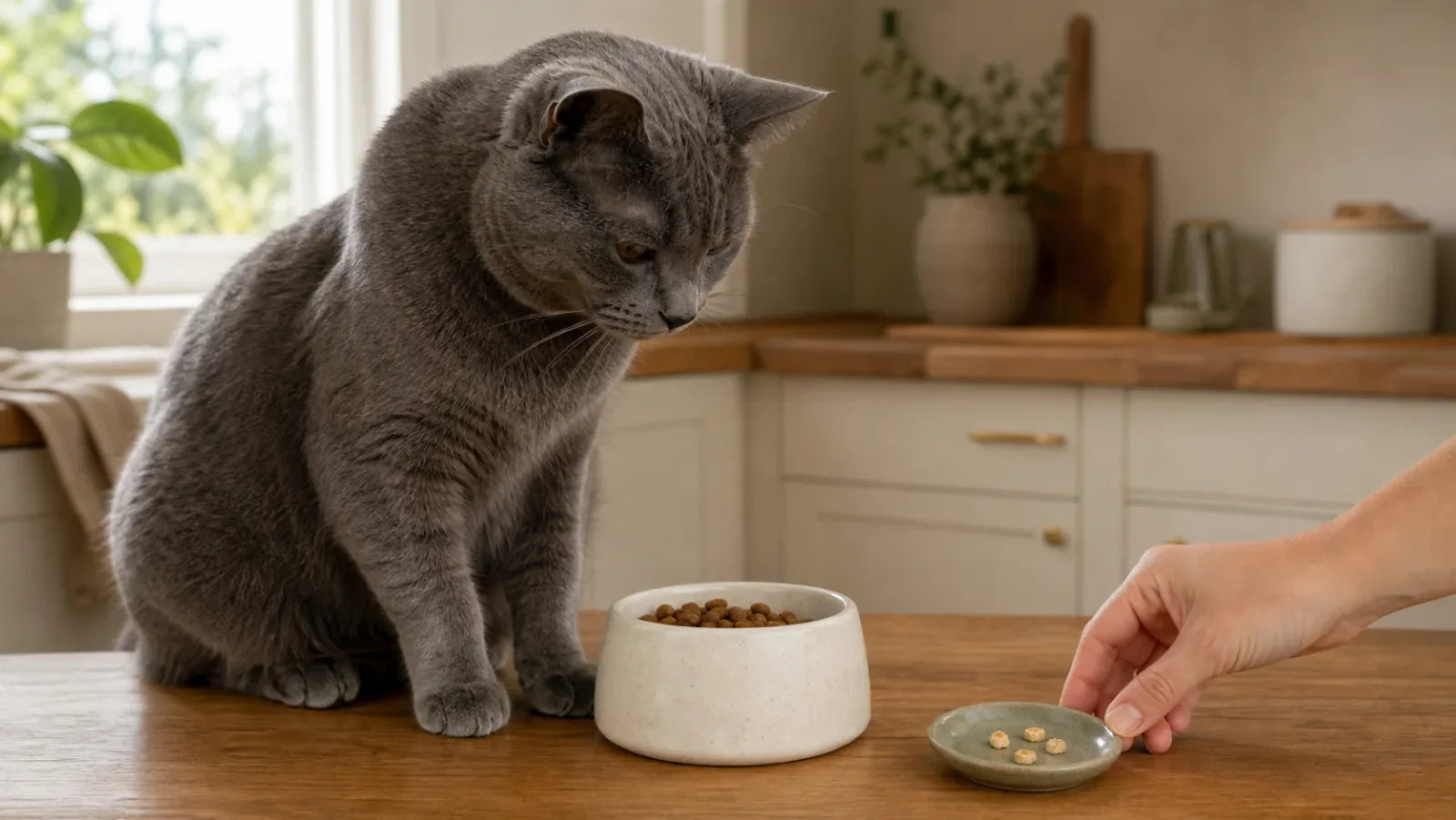 Blue-gray cat beside a meal bowl and a small saucer of freeze-dried chicken crumbs