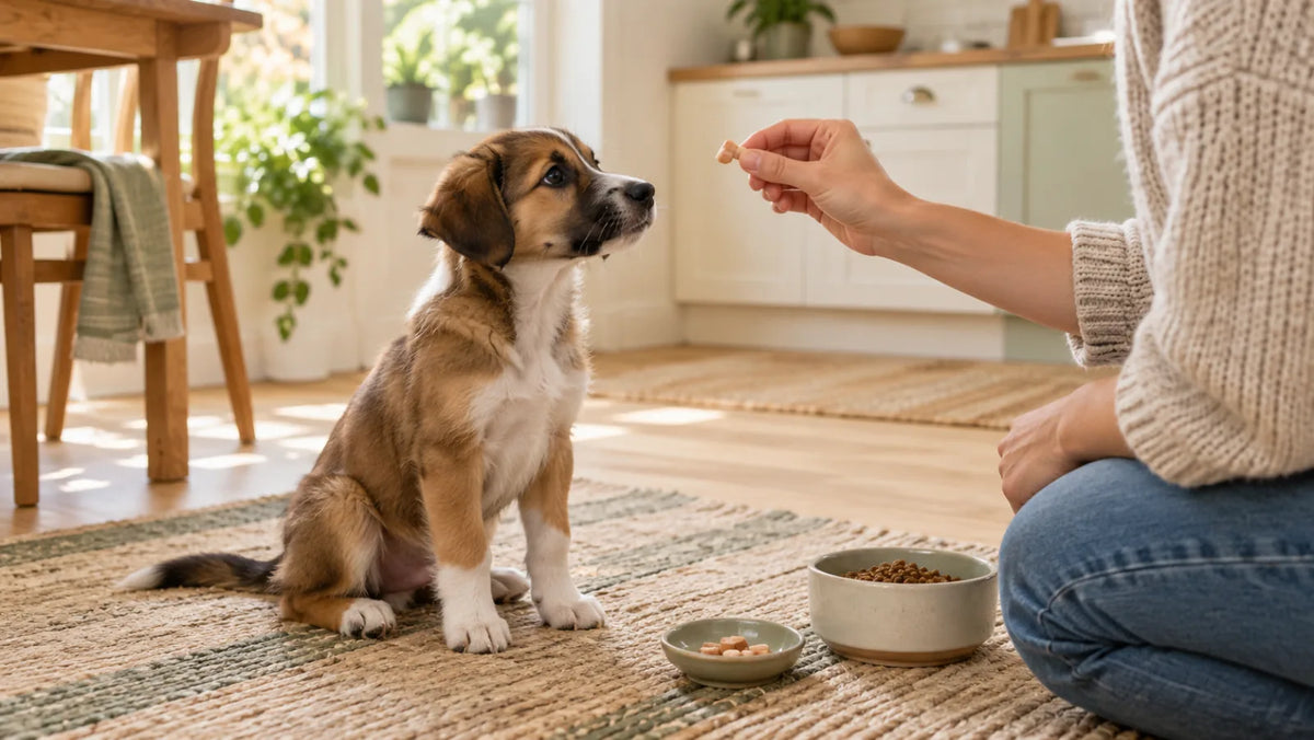 Young puppy waiting while an owner offers one tiny training reward beside measured food