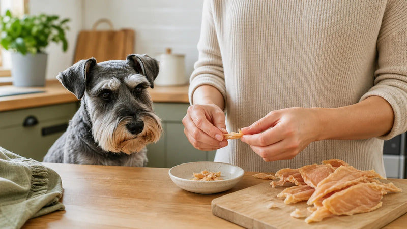 Miniature schnauzer waiting while an owner portions chicken jerky into a small dish