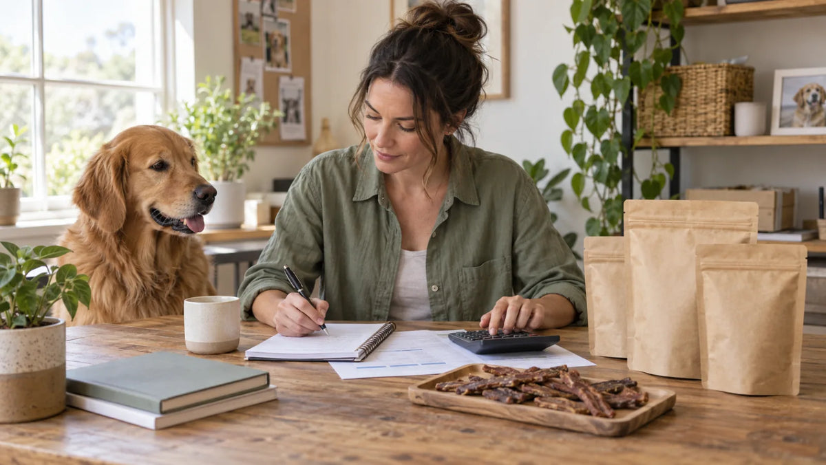 Small pet business owner budgeting private-label dog treats beside blank pouches and dried treats